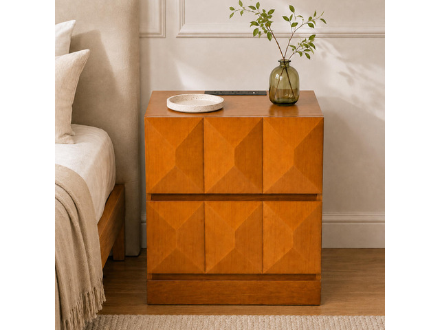 Tall Modern Nightstand With Charging Station, 21.65'' Wide Wood Bedside Table Storage Drawers, Large Mid Natural Wood Color End Table For Bedroom,...