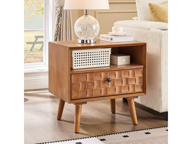 22' Mid-Century Modern Wood Nightstand With Carved Geometric Drawer Front, 1 Drawer And Open Shelf, Solid Wood Legs, Bedside Table For Bedroom