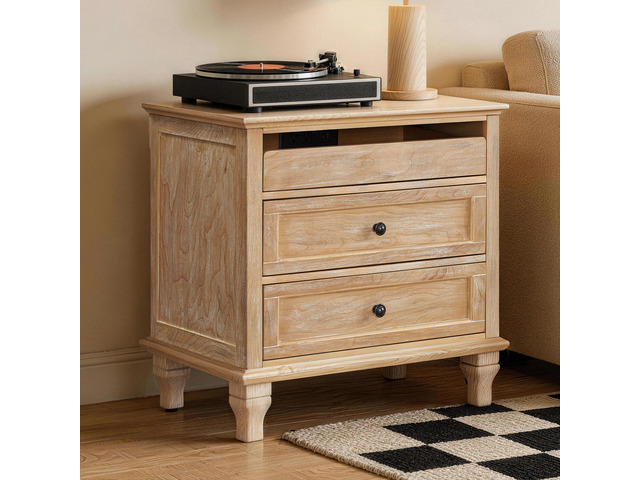 28' Wood Nightstand With Charging Station, Farmhouse Bedside Table With 3 Drawers, Usb & Type-C Ports, Storage End Table For Bedroom Living Room...