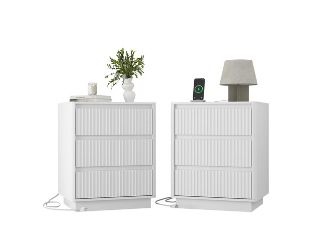 (Set Of 2)End Table With Fast Usb C Charging Station, Sofa Side Table With 3Drawers, Large Storage Modern Wood Storage Cabinet For Living...