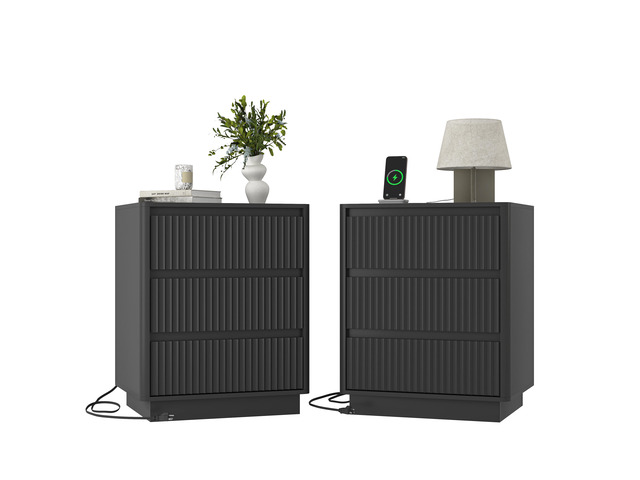 (Set Of 2)End Table With Fast Usb C Charging Station, Sofa Side Table With 3Drawers, Large Storage Modern Wood Storage Cabinet For Living...