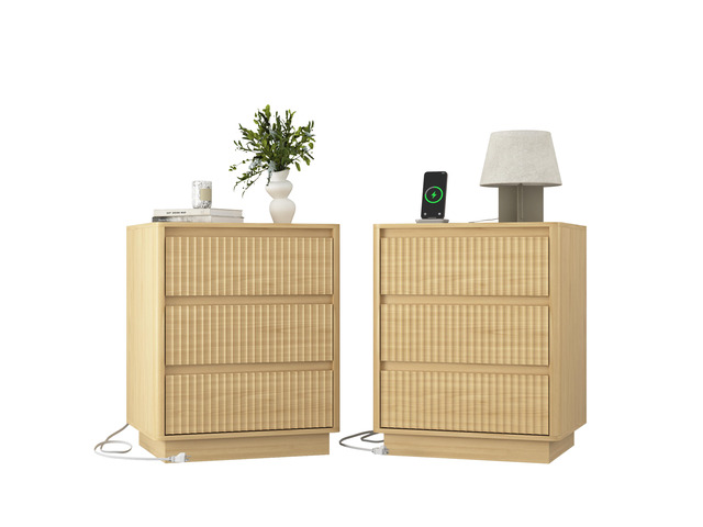 (Set Of 2)End Table With Fast Usb C Charging Station, Sofa Side Table With 3Drawers, Large Storage Modern Wood Storage Cabinet For Living...