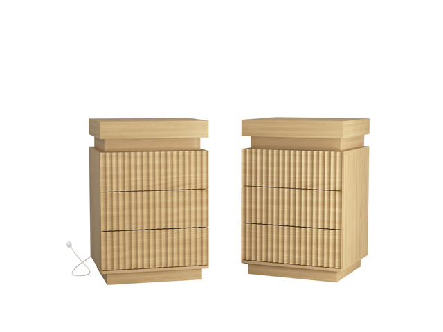 (Set Of 2) Natural Nightstand Set Of 2 With Charging Station & Led Lights, Fluted Wave Panel Bedside Table With Sliding Top Hidden Storage, Night...