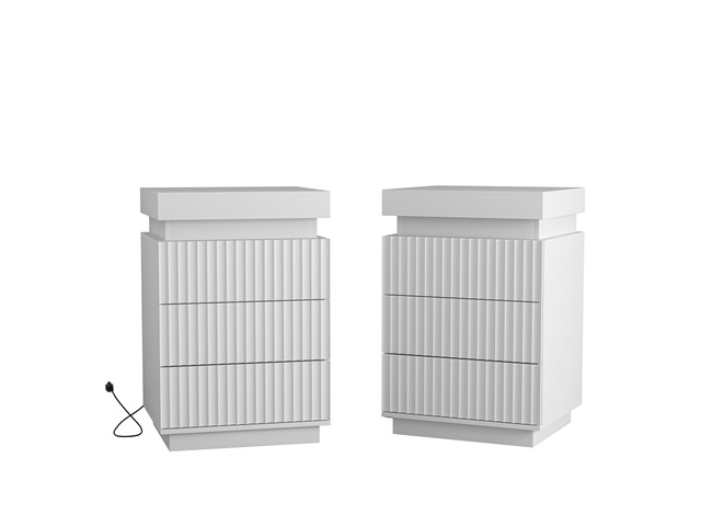 (Set Of 2) White Nightstand Set Of 2 With Charging Station & Led Lights, Fluted Wave Panel Bedside Table With Sliding Top Hidden Storage, Night...