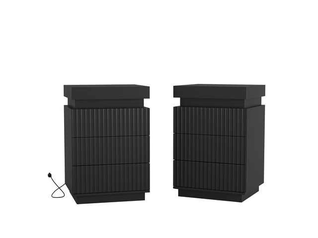 (Set Of 2) Black Nightstand Set Of 2 With Charging Station & Led Lights, Fluted Wave Panel Bedside Table With Sliding Top Hidden Storage, Night...