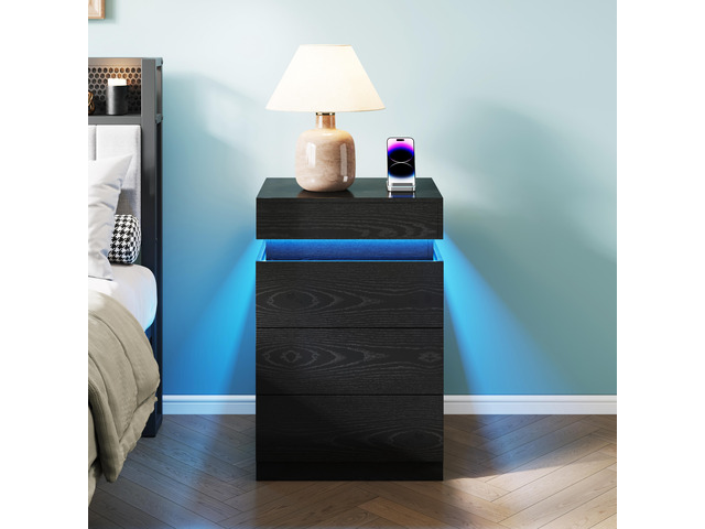 Nightstand With Built-In Charging Station And Led Lighting, 3-Drawer Sliding-Top Modern Bedside Table, Black Wooden End Table