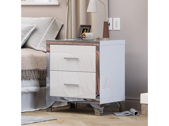 High Gloss Mirrored Nightstand With 2 Drawers,Modern End Table With Drawers,Mirrored High Gloss Wood Nightstand Metal Handle Bedside End Table For...