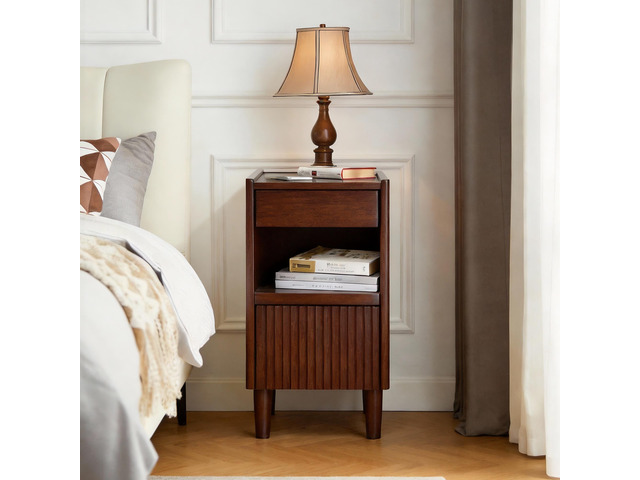 Wooden Bedside Table With 1 Drawer Open Shelves, Wood Board Side Tables Storage Small Narrow Desk Chest Of Drawer, Lamp Stand Nightstand Cabinet,...