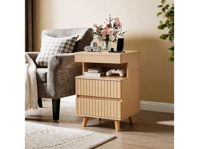 Modern Bedside Table With Gun Drawer,Bedside Table With Charging Station, 2 Drawers And Open Shelf,Side Table For Bedroom(Oak)
