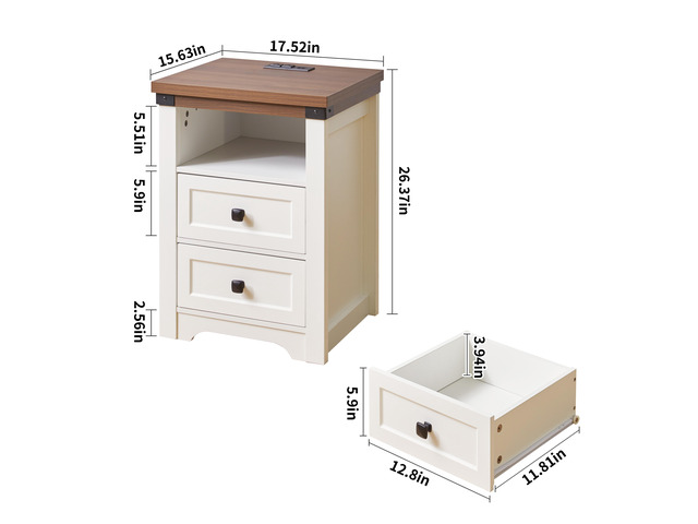 Farmhouse Side Table With Charging Station, Antique Nightstands With Drawers, Bedside Table With Open Shelf For Bedroom, White