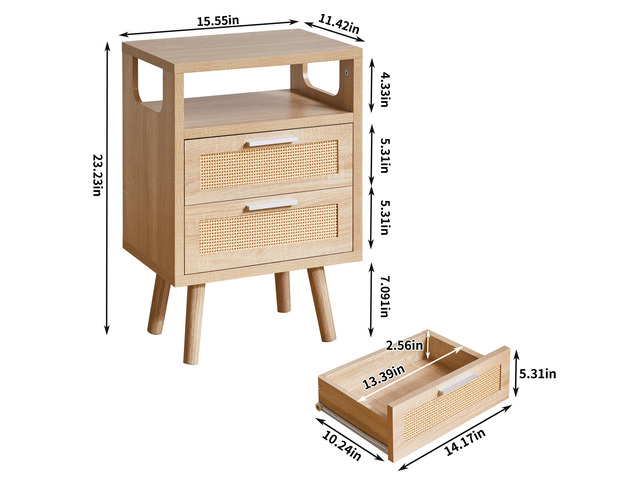 Set Of 2 With 2 Drawers, 15.4' Modern Storage Bedside Table With Handles, Wooden End Table For Bedroom,Natural Wood