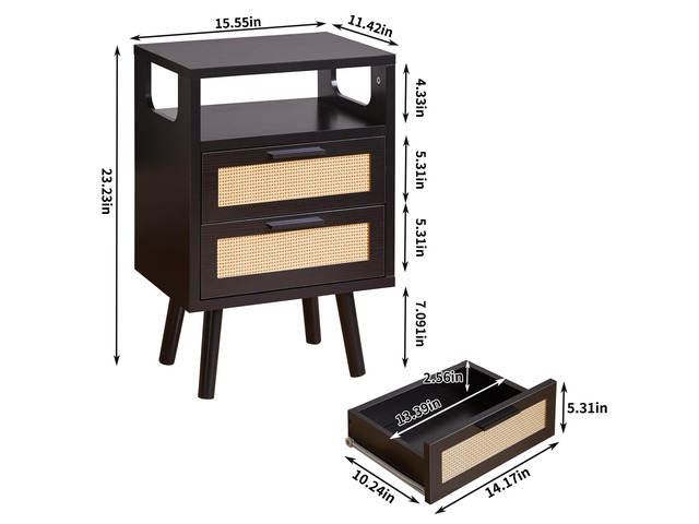 Set Of 2 With 2 Drawers, 15.4' Modern Storage Bedside Table With Golden Metal Handles, Wooden End Table For Bedroom, Black