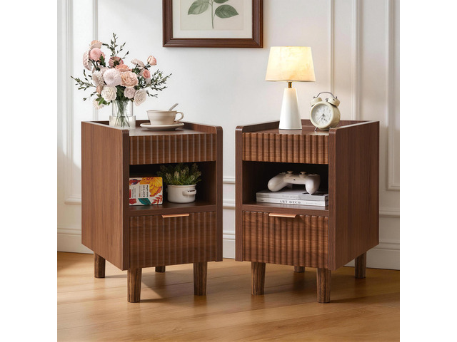 Walnut Brown Fluted Wood Nightstands With Drawer And Open Storage, 2 Pack Modern Bedroom Bedside Side End Tables For Living Room Home Decor