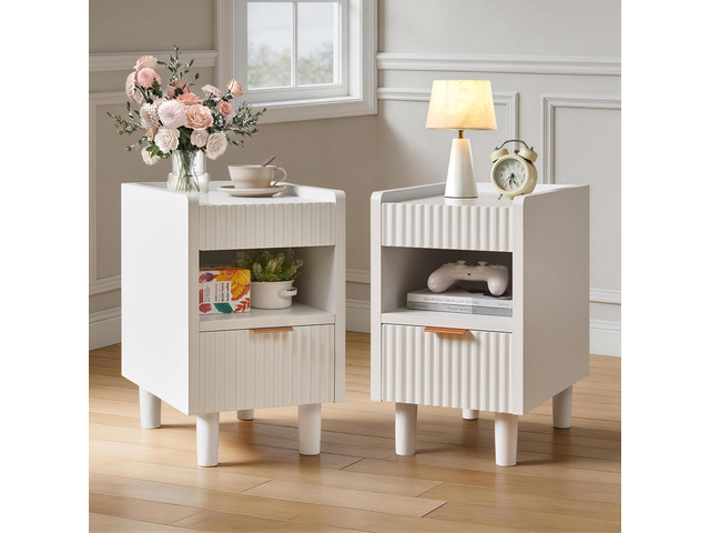 White Fluted Wood Nightstands With Drawer And Open Storage, 2 Pack Modern Bedroom Bedside Side End Tables For Living Room Home Decor