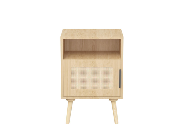 22.83'' H Rattan Nightstand, Side Table With Door Open Shelf, Accent Bedside End Table With Solid Wood Legs For Bedroom, Dorm And Small Spaces, Oak