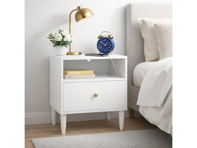 Modern White Nightstand With Drawer And Open Shelf, Bedside Table With Gold Knob, Solid Wood Legs, Small End Table For Bedroom, Living Room