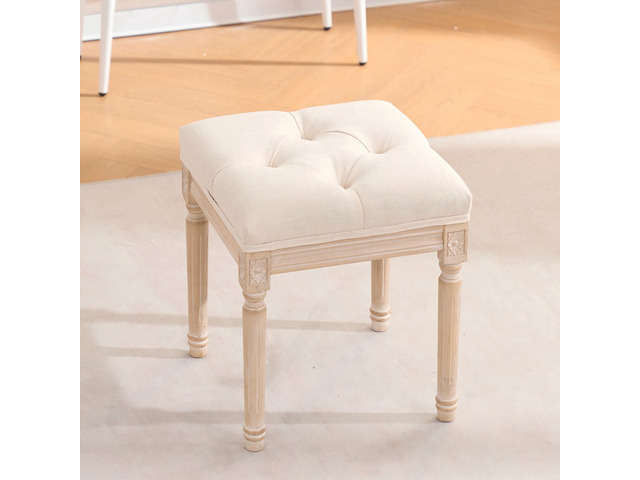 French Style Bench, Linen Fabric Entryway Bench, Upholstered Tufted End of Bed Bench with Brushed Wood Legs, Beige