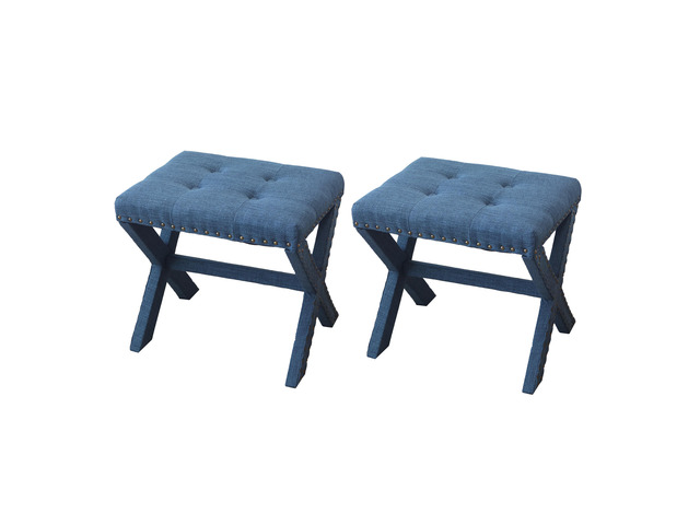 Accent Stool, Tufted Linen Upholstered Chair, X-Base Wood Seat with Nailhead Trim, 17'D x 19'W x 17'H, 300 lbs Capacity