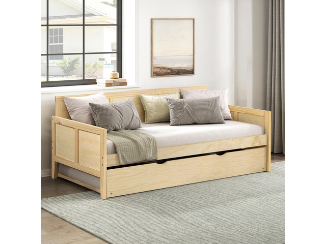 Daybed With Pull Out Trundle Natural Pine Finish Wooden Home Furniture 1Pc Sofa Bed