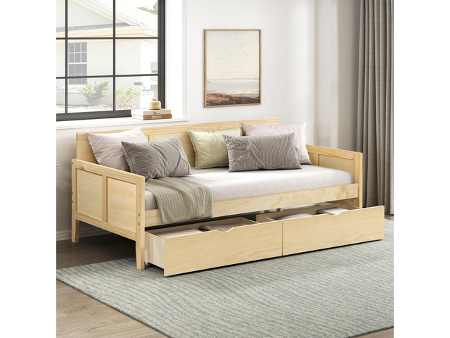 Daybed With Storage Boxes Natural Pine Finish Wooden Home Furniture 1Pc Sofa Bed