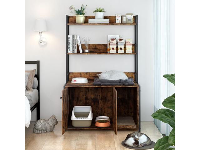 Large Cat Litter Box Enclosure With Shelf Storage, Hidden Cat Washroom Furniture, Wooden Cat House With Scratch Pad, Sturdy Indoor Cat Cabinet With...