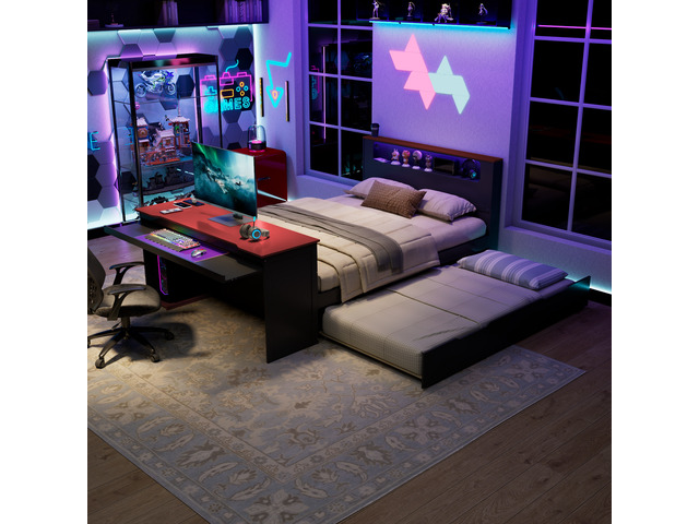 Full Size Daybed with Twin Size Trundle, Desk LED and USB, Black Red, MDF, Pine and Plywood, Beds Frames Bases
