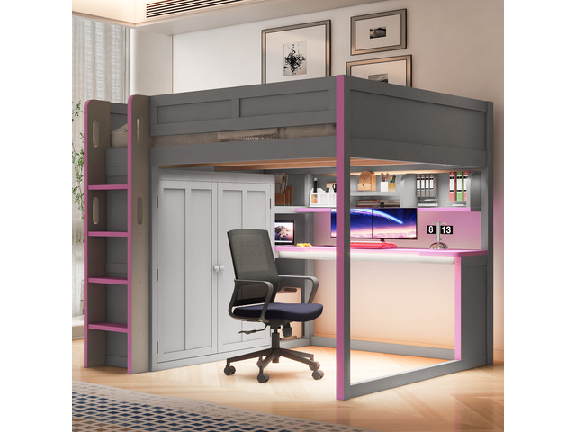 Full Size Loft Bed with Built in Wardrobe, USB Desk Over Desk Storage Shelves and Under LED Lights Purple, Dark Grey