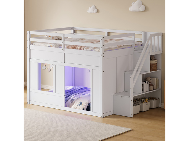 Full Size Loft Bed with Storage Stairs and Built in LED Lights, Eta, White, Solid Wood and MDF, Beds Frames Bases