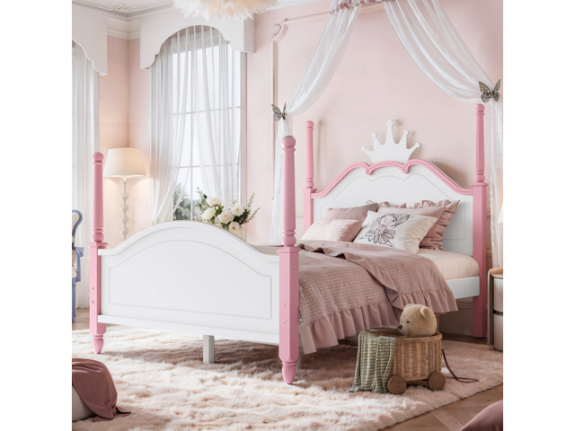 Full Size Crown Shaped Platform Bed, Four Poster Wooden Bed Frame Curved Headboard Frame, Pink White, MDF, Pine