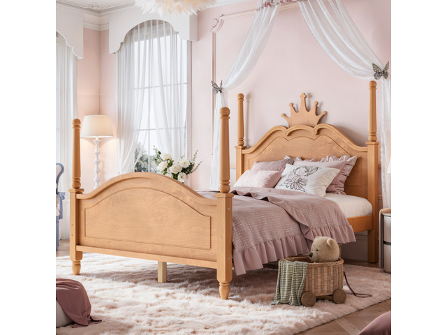 Full Size Crown Shaped Platform Bed, Four Poster Wooden Bed Frame Curved Headboard Frame, Natural, MDF, Pine
