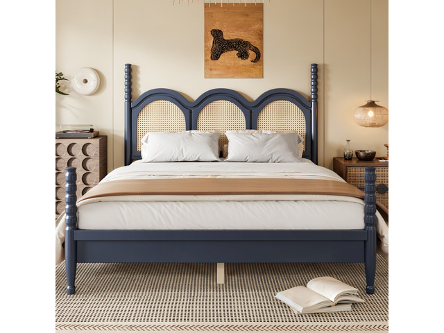 Queen Size Platform Bed with Arched Woven Headboard, Four Poster Wooden Bed Frame Curved Headboard Frame, Blue, MDF