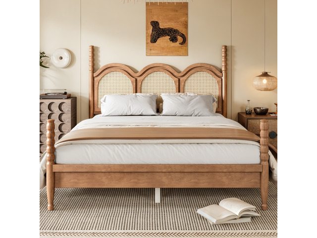 Queen Size Platform Bed with Arched Woven Headboard, Four Poster Wooden Bed Frame Curved Headboard Frame, Natural, MDF
