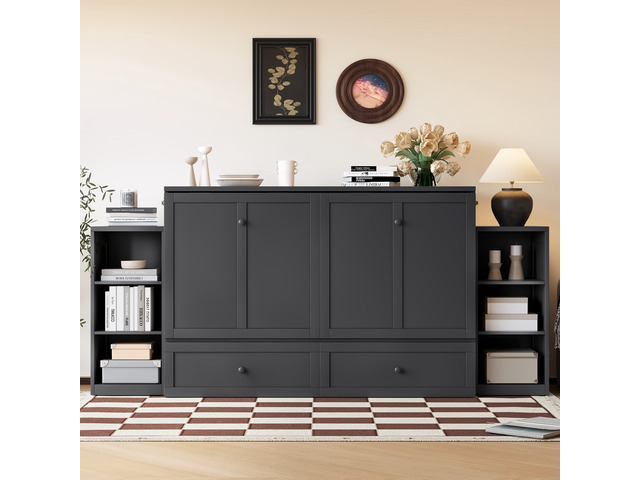 Queen Size Murphy Bed with Spacious Storage Drawers and Shelves, Guest Compact Bedrooms, Dark Gray, MDF, Pine