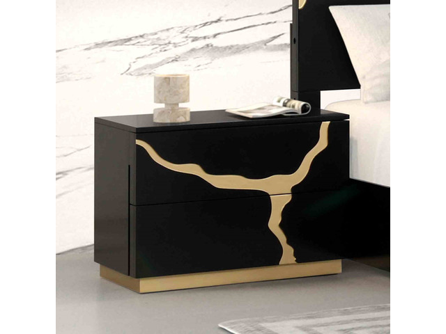 1 pc Nightstand Gold Paint Pattern French and English Dovetail Drawers and Gold Finish Furniture, Black Engineered Wood
