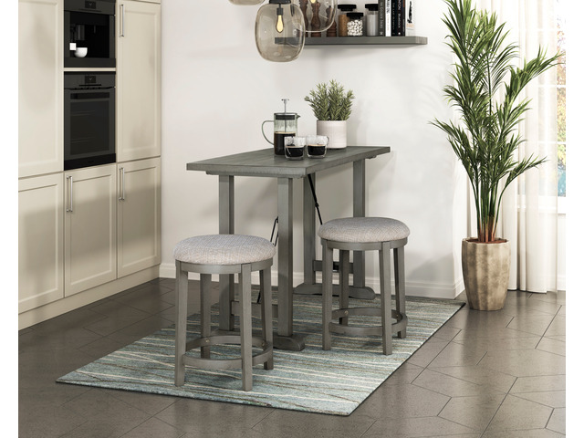 3 pc Counter Height Set Gray Finish Counter Height Table with Stools Foam Cushioned Seats Kitchen Dining Breakfast