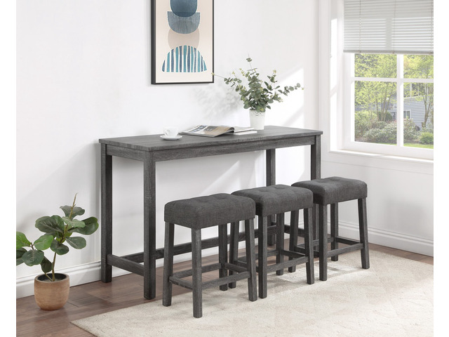 4 Piece Counter Height 60 Inch Pub Table Set with Tufted Linen Stools, Gray, Dining Kitchen Sets