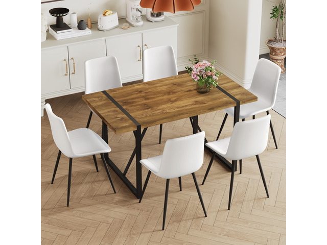 Table and Chair Set, Textured Top in Color Black Metal Legs Dining Chair with Faux Leather Backrest Cushion with Black
