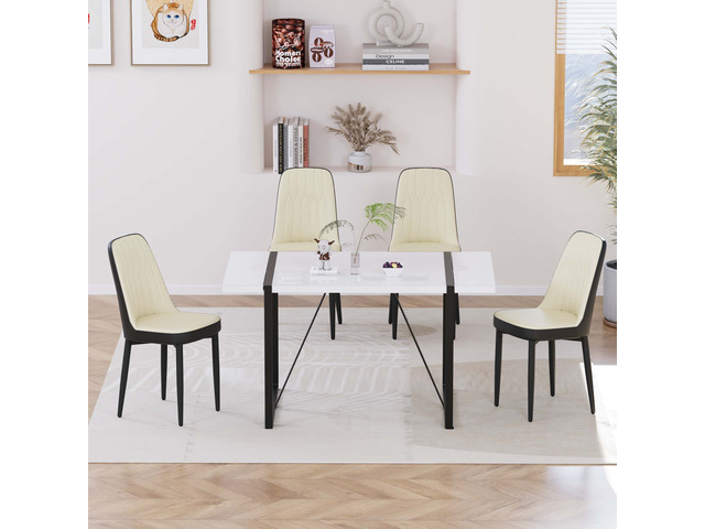 Person MDF Dining Table Set, Kitchen Black Metal Leg Dining Table and Chair Set Rectangular Tabletop and Padded Chairs