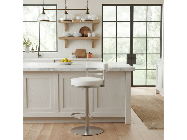 Swivel Stainless Metal Adjustable Height Barstool with Faux Leather Seat, White, Seating for Dining
