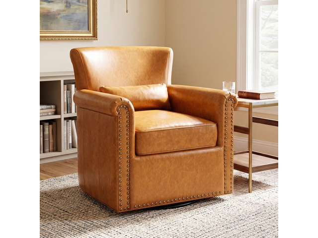 360° Swivel Accent Chair Upholstered Club Chair with Rolled Arm, Sewn Pillow Back and Nailhead Trim Metal Base