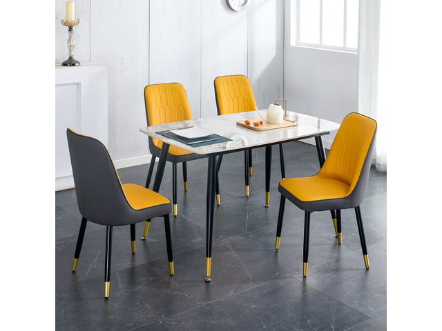 Table and Chair Set Patterned Sintered Tabletop with Black Metal Legs and Dual Color Backrest Cushion and Black Metal