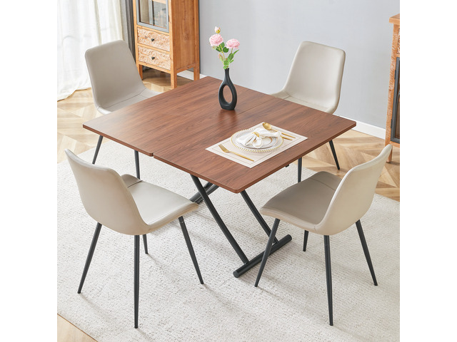 Table and Chair Set Multifunctional Lifting Platform, Wood Grain Sticker MDF Desktop Black Metal Legs Paired