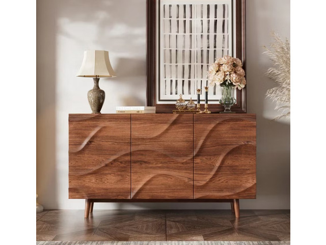 Sintered Dining Set Oval Table Matching Sideboard Cabinet, Walnut, Plywood and Sintered Stone, Servers Sideboards