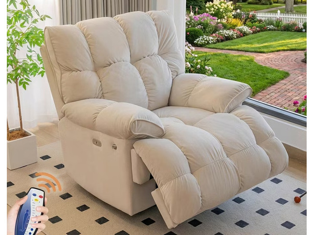 Manual Reclining Rocking Swiveling, Off White, Metal and Snowflake Velvet Fabric, Recliners Massage Chairs