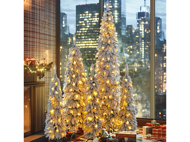 Pre Lit Pencil Christmas Trees, Set Slim Artificial Christmas Tree with Snow Flocking Xmas Holiday Decoration Branch