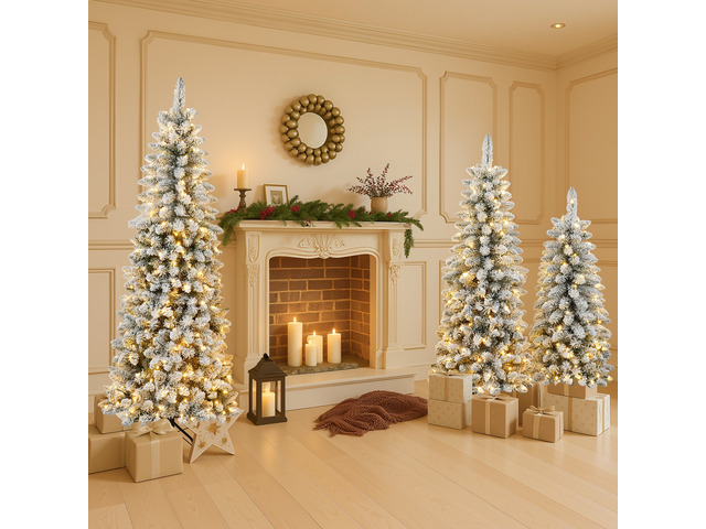 3 pcs Flocked Artificial Christmas Tree Set with Lights, 4 ft 5 ft 6 Christmas Snow Tree Set Decor, Green White, Vinyl
