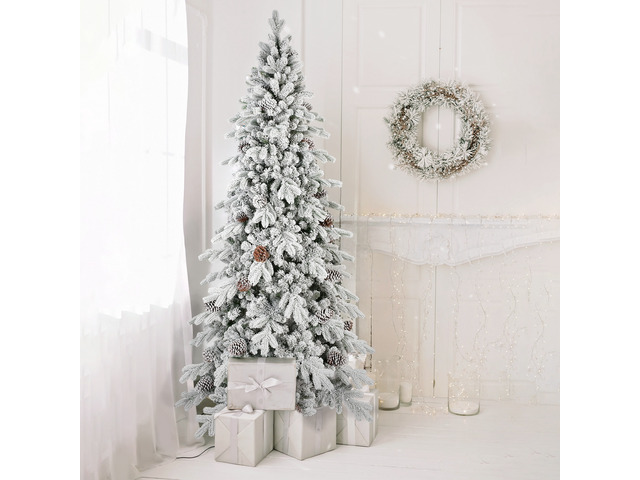 Flocked PVC Christmas Tree with Cones 2138tips, Space Saving Design Hinged Branches Stable Metal Stand Realistic Snowy