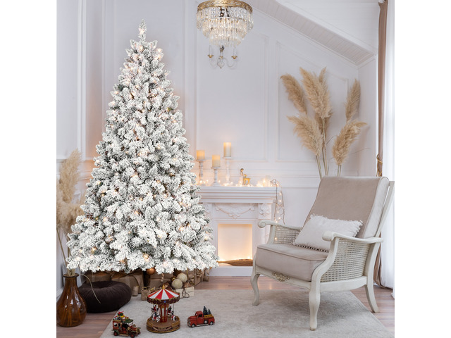 Flocked Christmas Tree with Lights and Cones Snowy PVC Tips, 2095tips Hinged Structure Stable Metal Stand Easy Setup