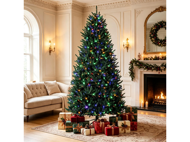 Prelit Colorado Spruce Christmas Tree, Easy Plug Technology Hinged Artificial Xmas Tree with and Color LED Lights