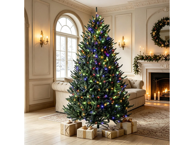 Prelit Colorado Spruce Christmas Tree, Easy Plug Technology Hinged Artificial Xmas Tree with Switchable and Color LED